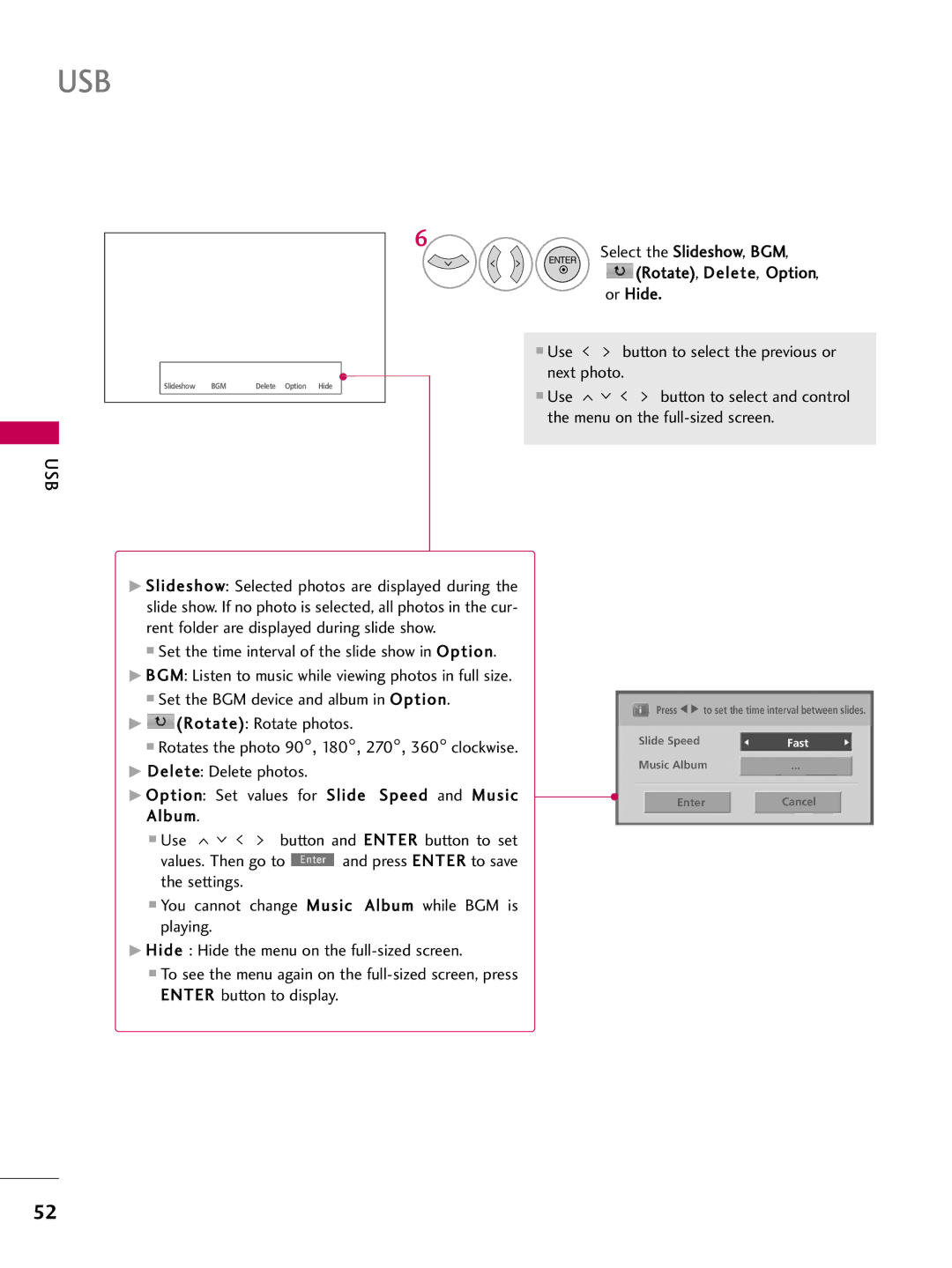 LG Electronics 32LD655H, 55LD650H, 47LD650H, 42LG710H, 42LD655H Select the Slideshow, BGM, Rotate, Delete, Option Or Hide 