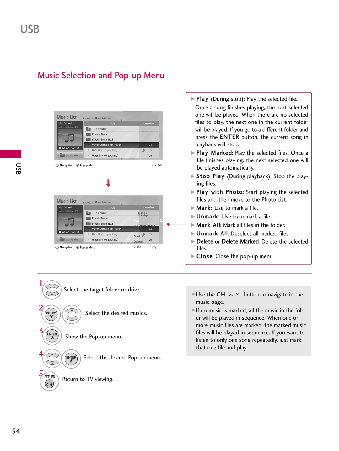 LG Electronics 42LD650H, 55LD650H Music Selection and Pop-up Menu, Select the desired musics, Show the Pop-up menu 