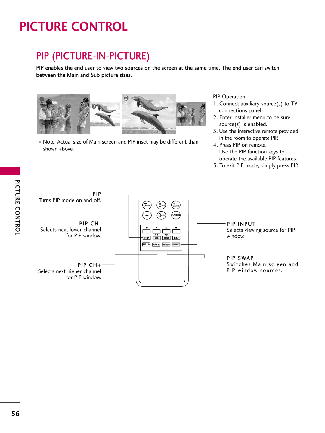 LG Electronics 47LD650H, 55LD650H, 42LG710H, 42LD655H, 37LG710H, 37LD655H, 37LD650H Picture Control, Pip Picture-In-Picture 