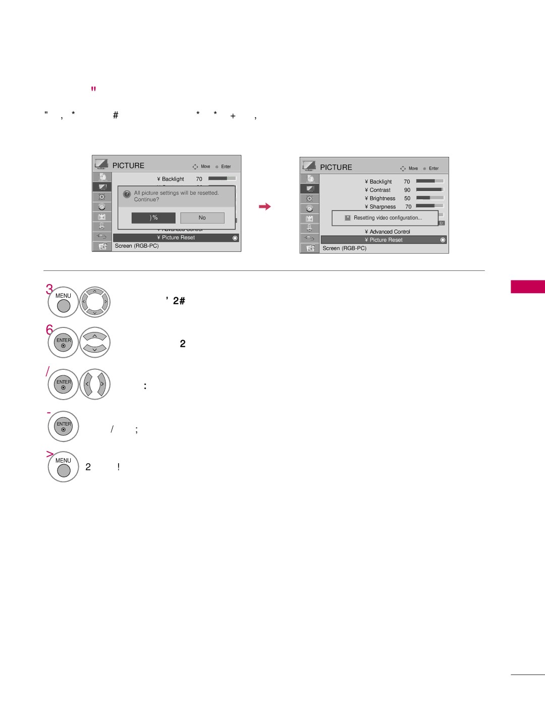 LG Electronics 42LD650H, 55LD650H, 47LD650H Select Picture Reset, Enter Select Yes, Initialize the adjusted value 