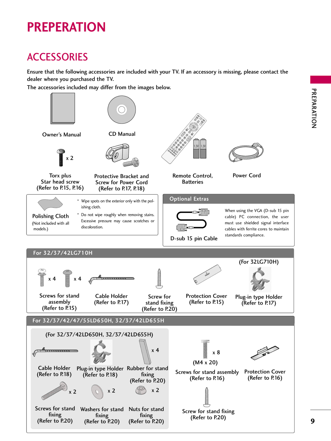 LG Electronics 32LG710H, 55LD650H Preperation, Accessories, Polishing Cloth, For 32/37/42LD650H, 32/37/42LD655H, M4 x 