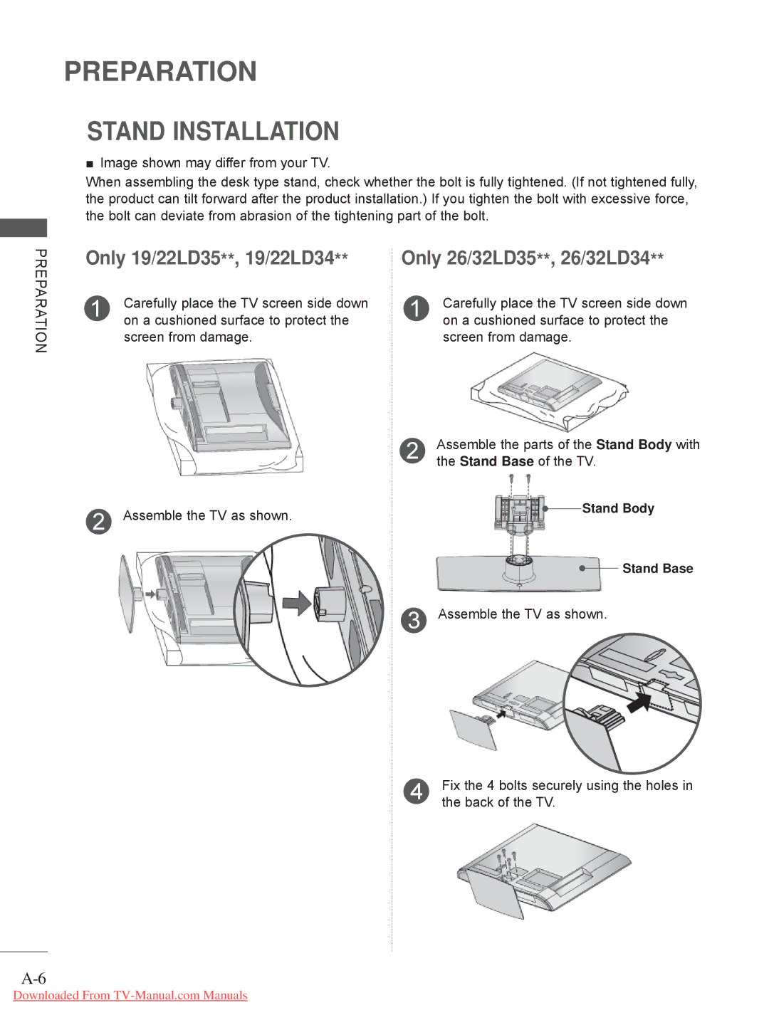 LG Electronics DSW400BG, 55LE5, 42/46LD5, 32LE4 Stand Installation, Only 19/22LD35**, 19/22LD34, Only 26/32LD35**, 26/32LD34 