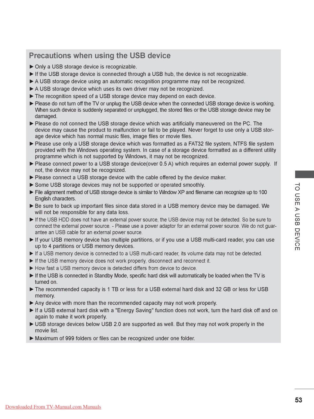 LG Electronics DSW400BG, 55LE5, 42/46LD5, 37/42LE4, 37/42/47LD4, 37/42/47LE5, 32LE4, 32LD5 Precautions when using the USB device 