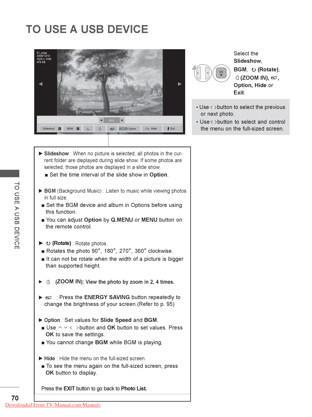 LG Electronics 42/46LD5, 55LE5, 37/42LE4 Slideshow, Option, Hide or, Exit, Zoom in View the photo by zoom in 2, 4 times 