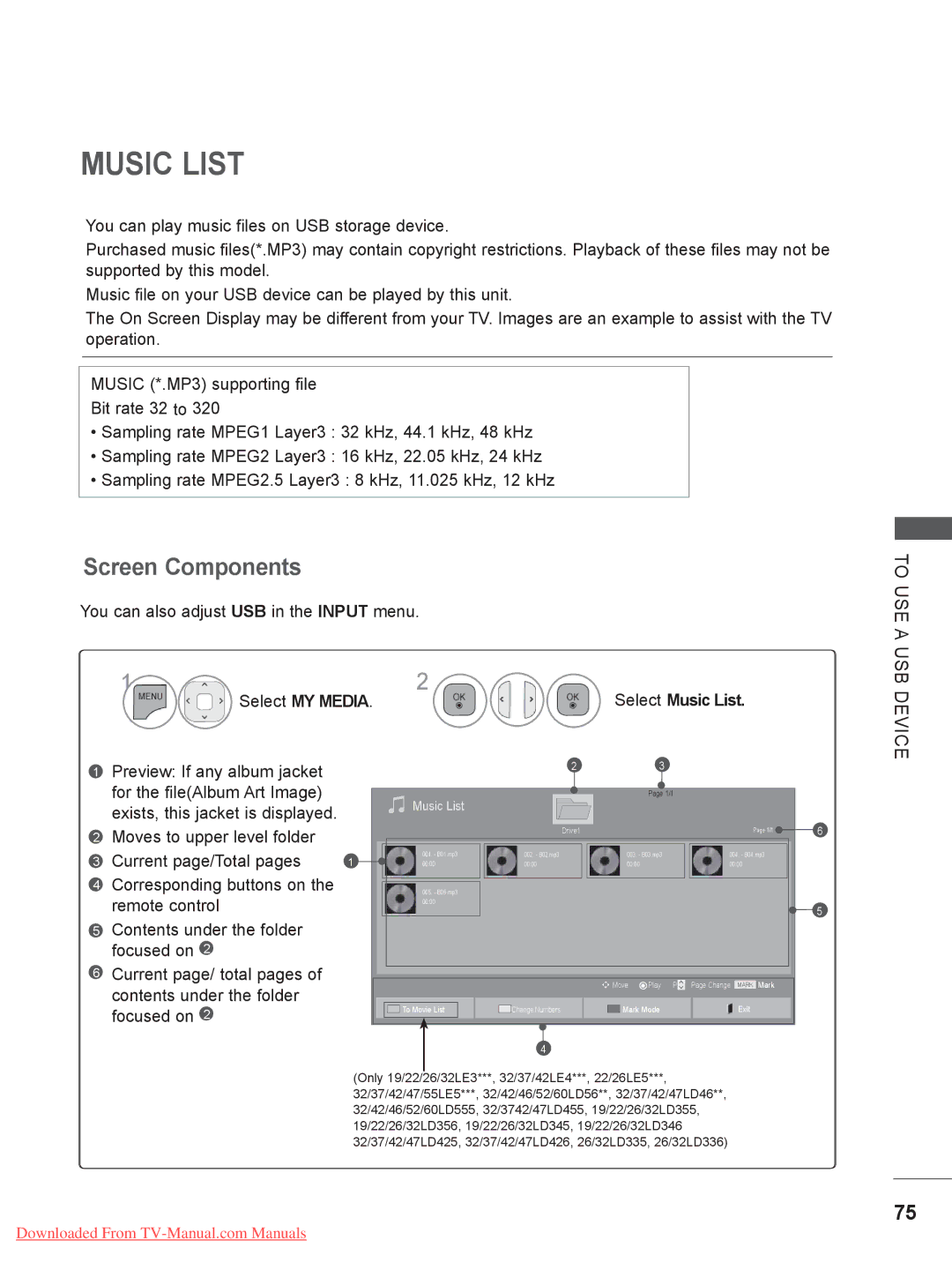 LG Electronics 32LD5, 55LE5, 42/46LD5, 37/42LE4 Select Music List, Corresponding buttons on, Contents under the folder 