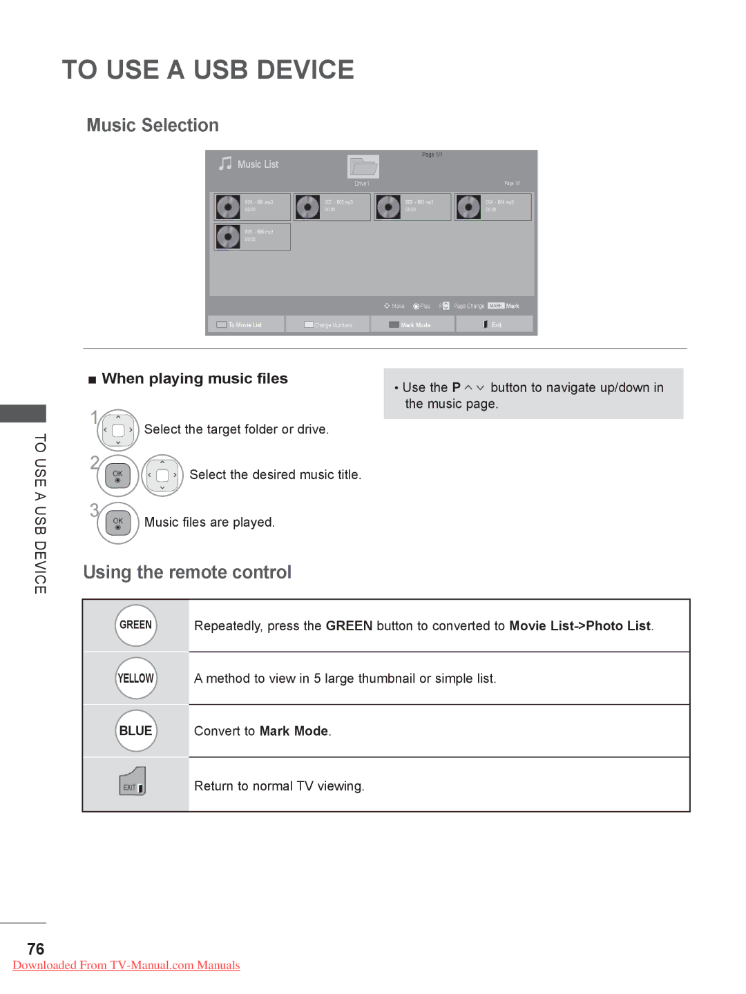 LG Electronics 32LD4, 55LE5, 42/46LD5, 37/42LE4, 37/42/47LD4 Music Selection, When playing music files, To USE a USB, Device 