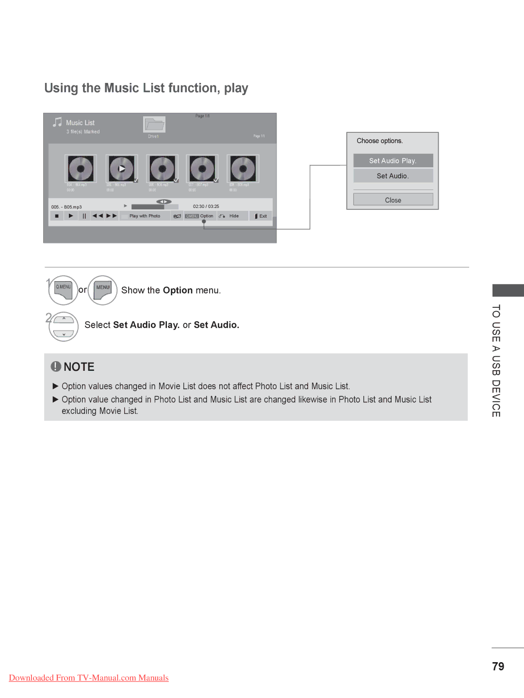 LG Electronics DSW400BG, 55LE5, 42/46LD5, 37/42LE4, 37/42/47LD4, 37/42/47LE5 Using the Music List function, play, Files Marked 