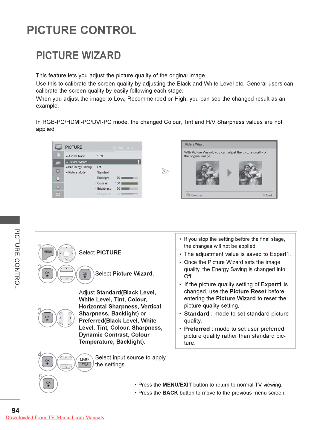 LG Electronics 19/22/26/32LD3, 55LE5, 42/46LD5, 37/42LE4, 32LE4 Select Picture Wizard Adjust StandardBlack Level 