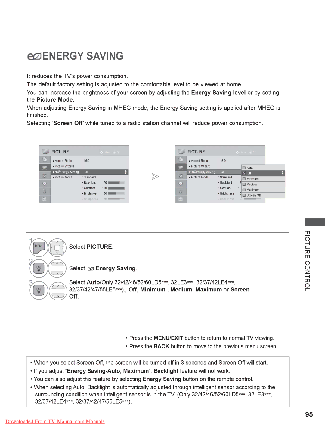 LG Electronics 55LE5, 42/46LD5 Select Energy Saving, Select AutoOnly 32/42/46/52/60LD5***, 32LE3***, 32/37/42LE4, Off 