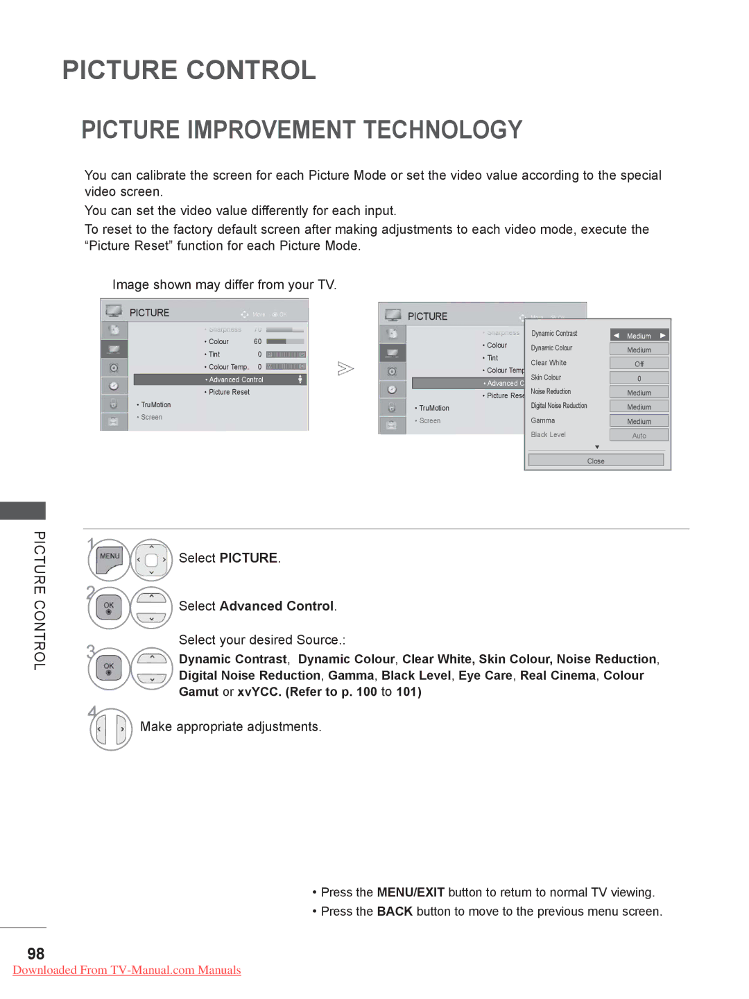 LG Electronics 37/42/47LD4, 55LE5 Picture Improvement Technology, Select Advanced Control, Select your desired Source 