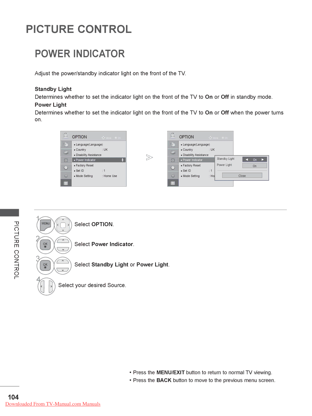 LG Electronics 52/60LD5, 55LE5, 42/46LD5, 37/42LE4, 37/42/47LD4, 37/42/47LE5 Power Indicator, 104, Standby Light, Power Light 