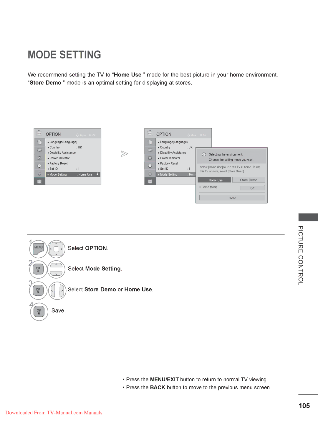 LG Electronics DSW400BG, 55LE5, 42/46LD5, 37/42LE4, 37/42/47LD4 105, Select Mode Setting Select Store Demo or Home Use 