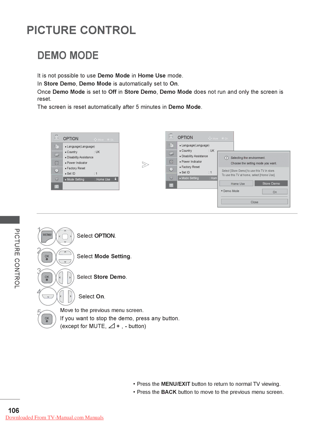 LG Electronics DSW400B, 55LE5, 42/46LD5, 37/42LE4, 32LE4 Demo Mode, 106, Select Mode Setting Select Store Demo, Select On 