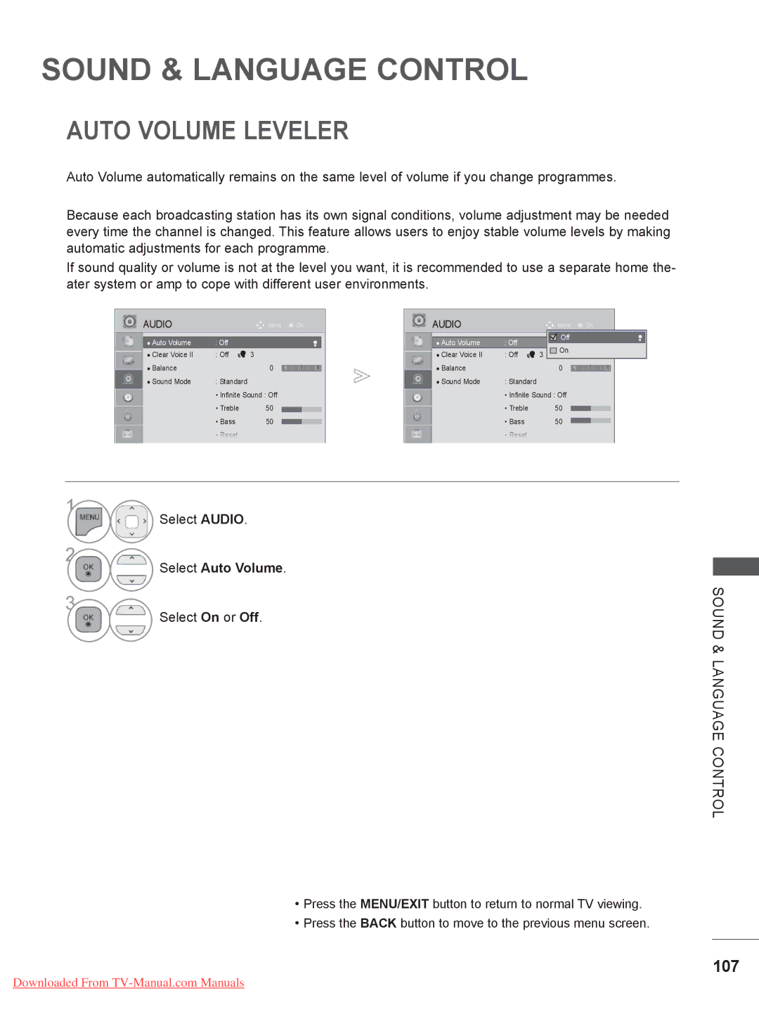 LG Electronics 19/22/26/32LD3, 55LE5 Auto Volume Leveler, 107, Select Audio, Select Auto Volume, Sound & Language Control 