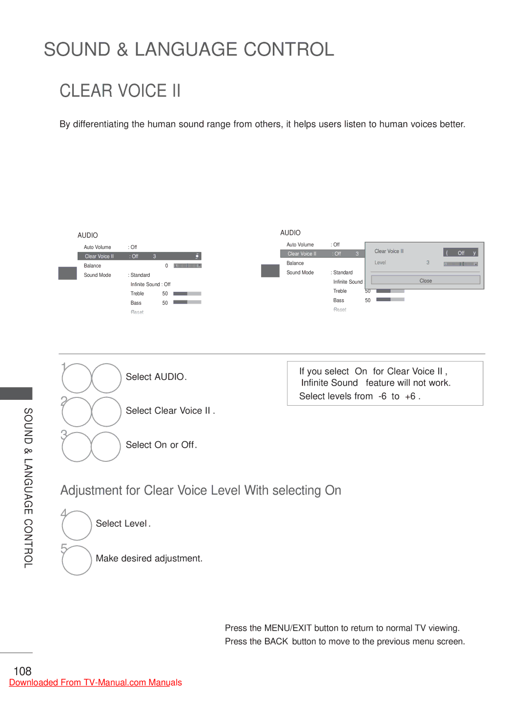 LG Electronics 55LE5, 42/46LD5, 37/42LE4 Adjustment for Clear Voice Level With selecting On, 108, Select Clear Voice 