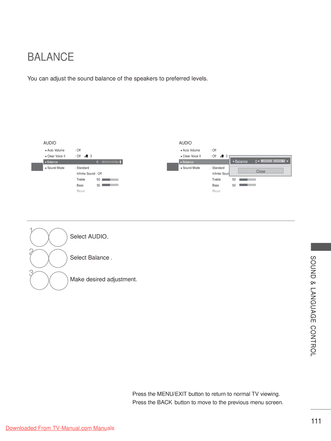 LG Electronics 37/42/47LD4, 55LE5, 42/46LD5, 37/42LE4, 32LE4 111, Select Audio Select Balance Make desired adjustment 