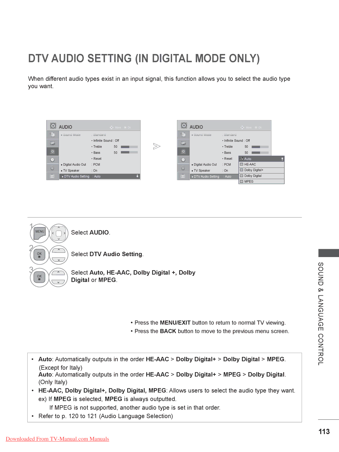 LG Electronics 32LE4, 55LE5, 42/46LD5, 37/42LE4, 37/42/47LD4, 37/42/47LE5, 32LD5 DTV Audio Setting in Digital Mode only, 113 