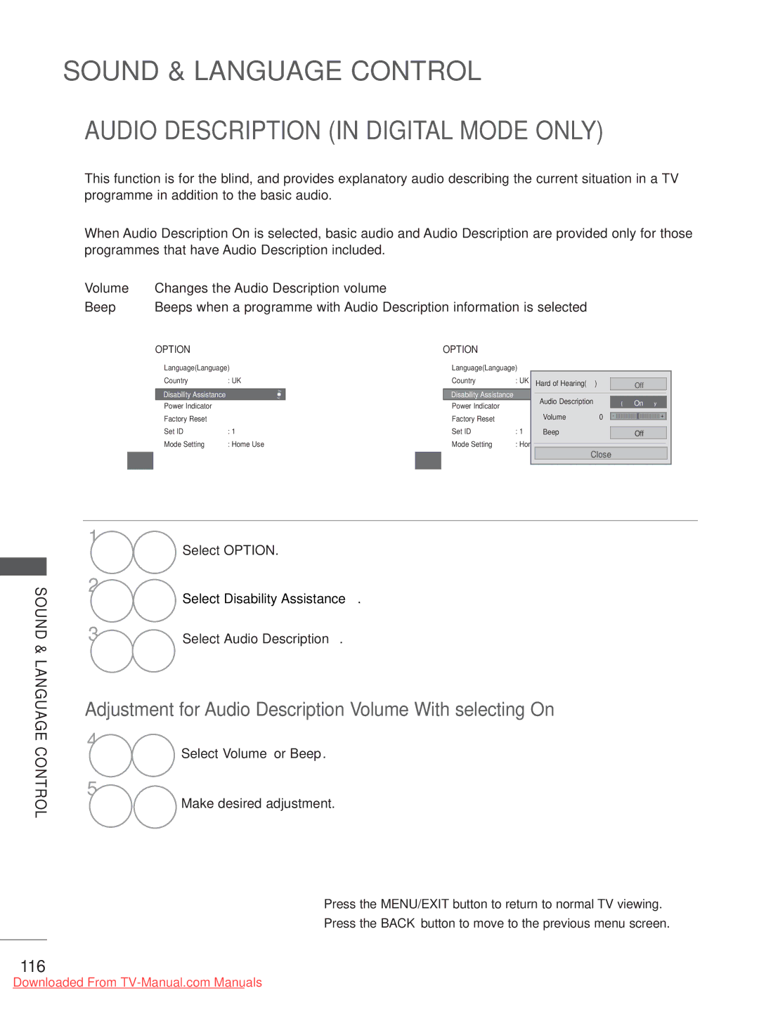 LG Electronics 32LE5 Audio Description in Digital Mode only, Adjustment for Audio Description Volume With selecting On 