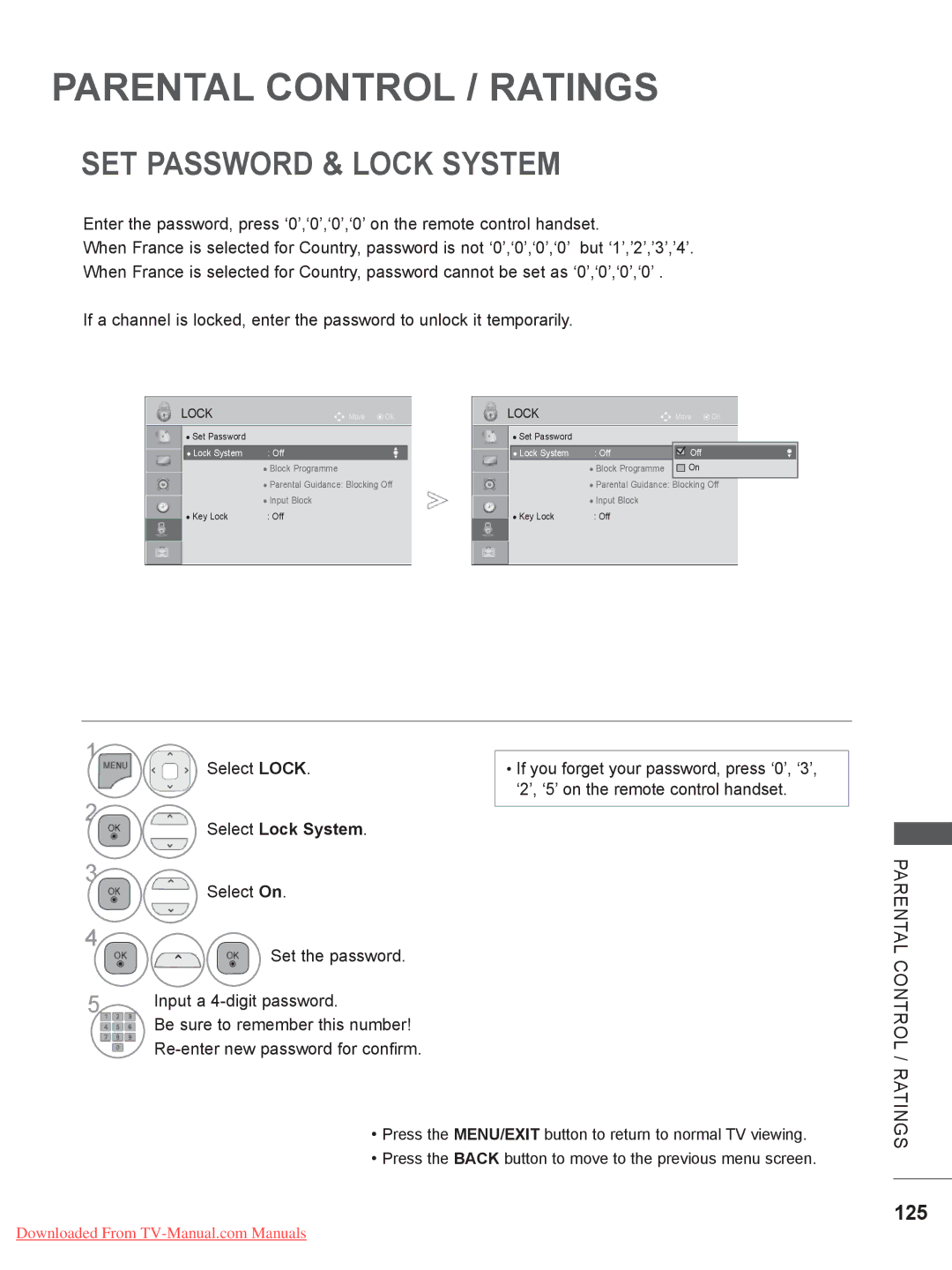 LG Electronics 37/42/47LE5, 55LE5, 32LE4 SET Password & Lock System, 125, Select Lock System, Parental, Control / Ratings 