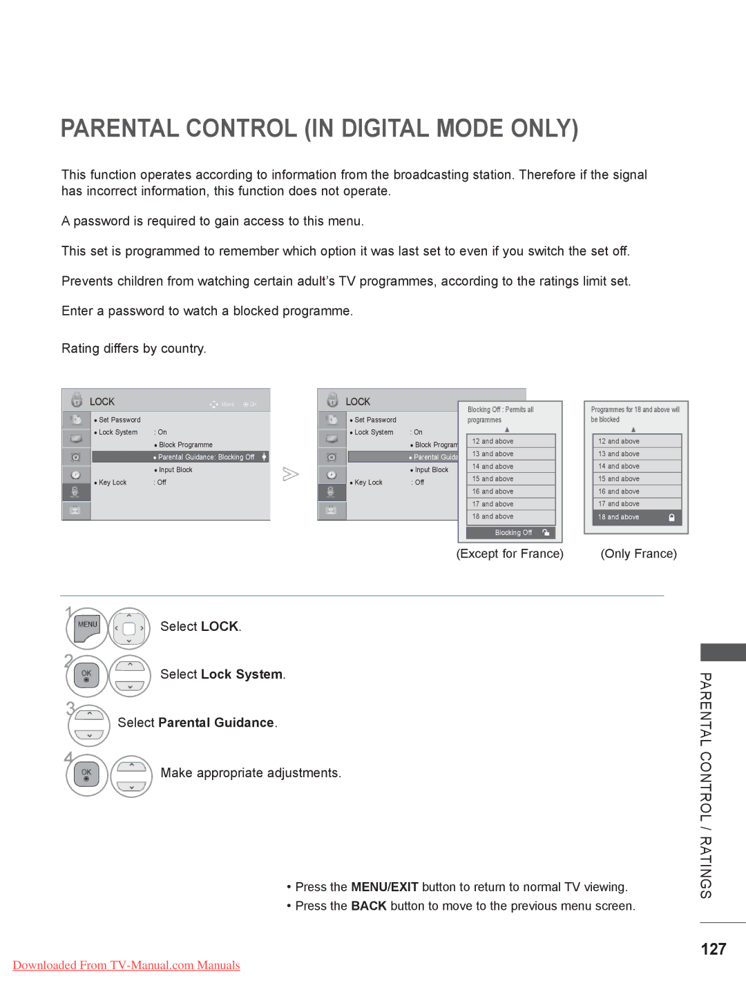 LG Electronics 32LD5, 55LE5, 32LE4 Parental Control in Digital Mode only, 127, Select Lock System Select Parental Guidance 