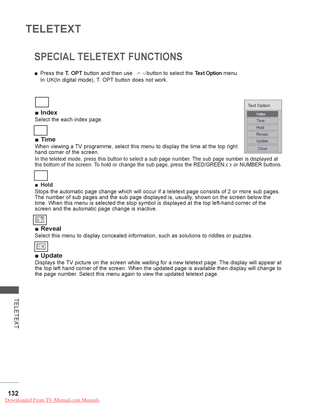 LG Electronics DSW400B, 55LE5, 42/46LD5, 37/42LE4, 37/42/47LD4, 37/42/47LE5, 32LE4, 32LD5, 32LD4 Special Teletext Functions, 132 