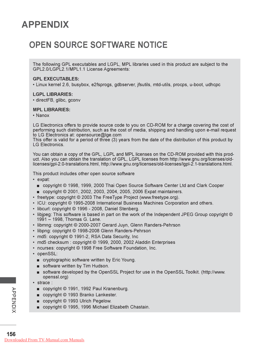 LG Electronics 52/60LD5, 55LE5, 42/46LD5, 37/42LE4, 37/42/47LD4 Open Source Software Notice, 156, DirectFB, glibc, gconv 