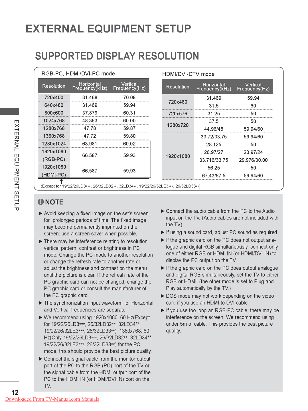 LG Electronics 32LE5 Supported Display Resolution, External Equipment, RGB-PC, HDMI/DVI-PC mode, HDMI/DVI-DTV mode, Setup 