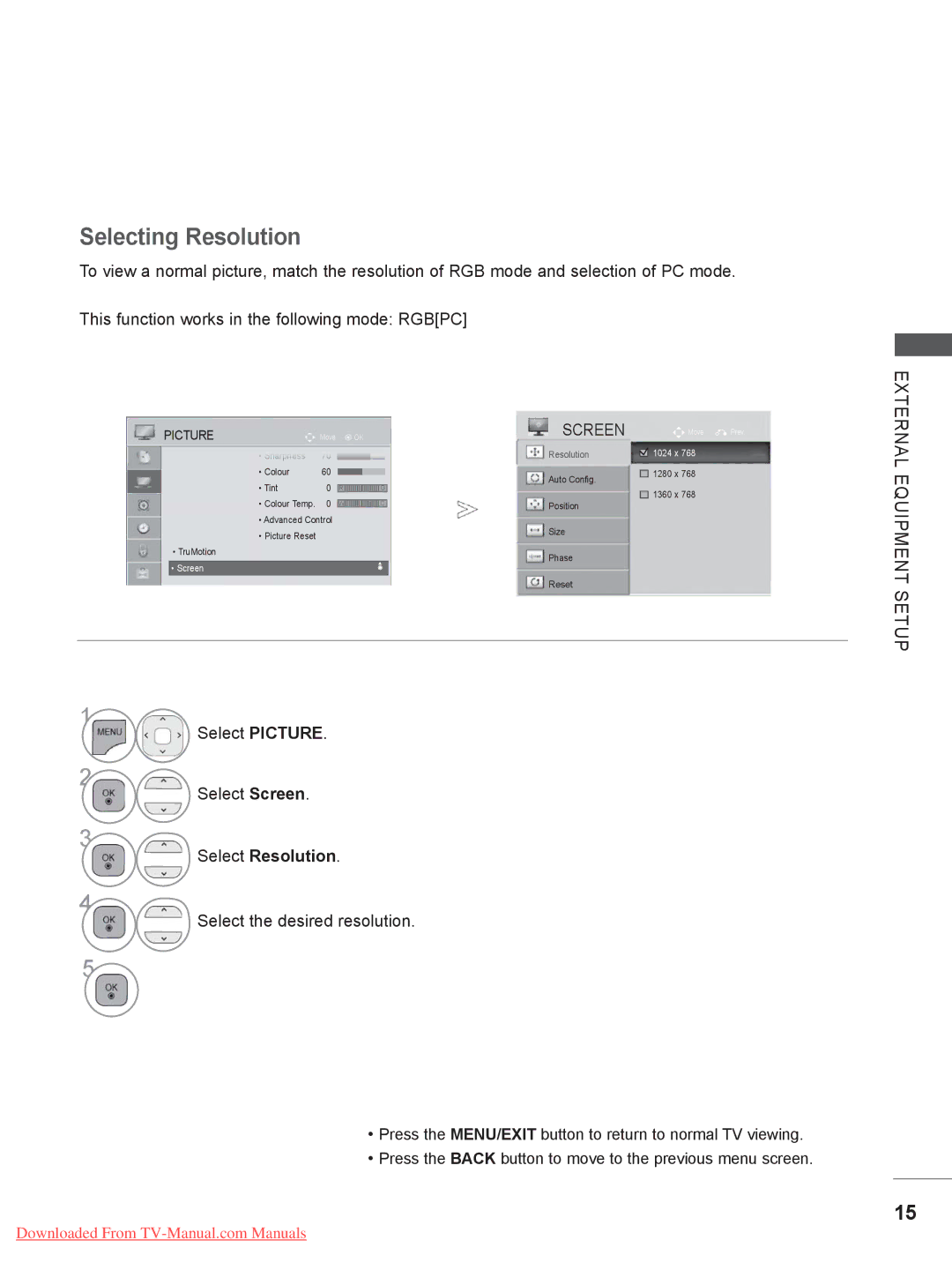 LG Electronics DSW400B, 55LE5, 42/46LD5, 37/42LE4 Selecting Resolution, Select Resolution, Select the desired resolution 