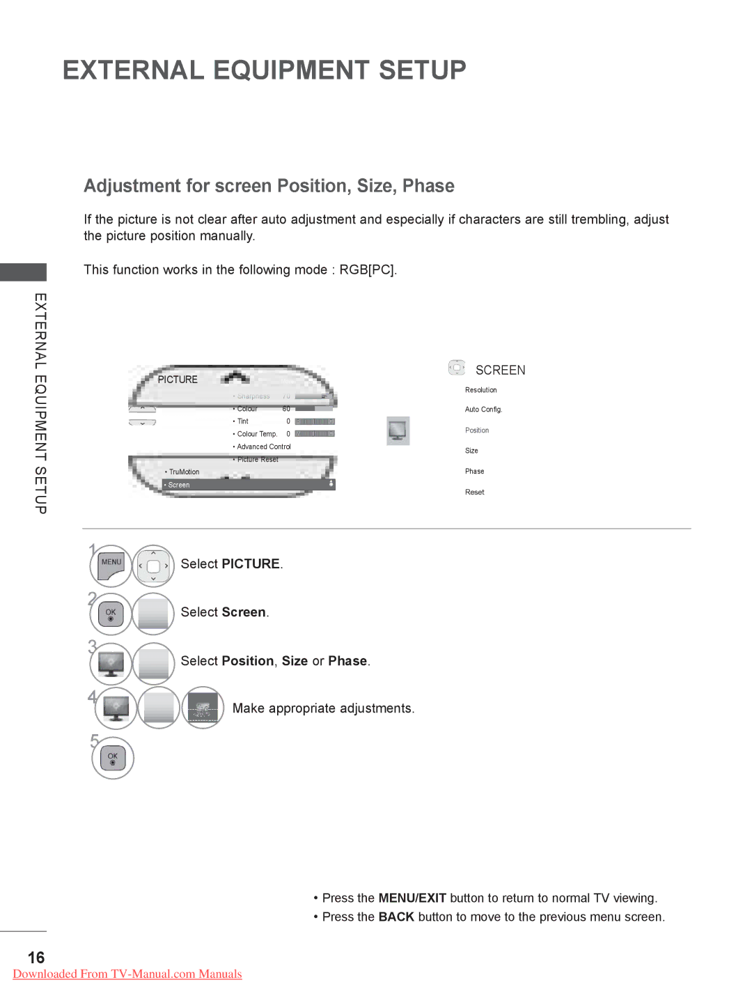 LG Electronics 19/22/26/32LD3, 55LE5, 42/46LD5 Adjustment for screen Position, Size, Phase, Select Position, Size or Phase 