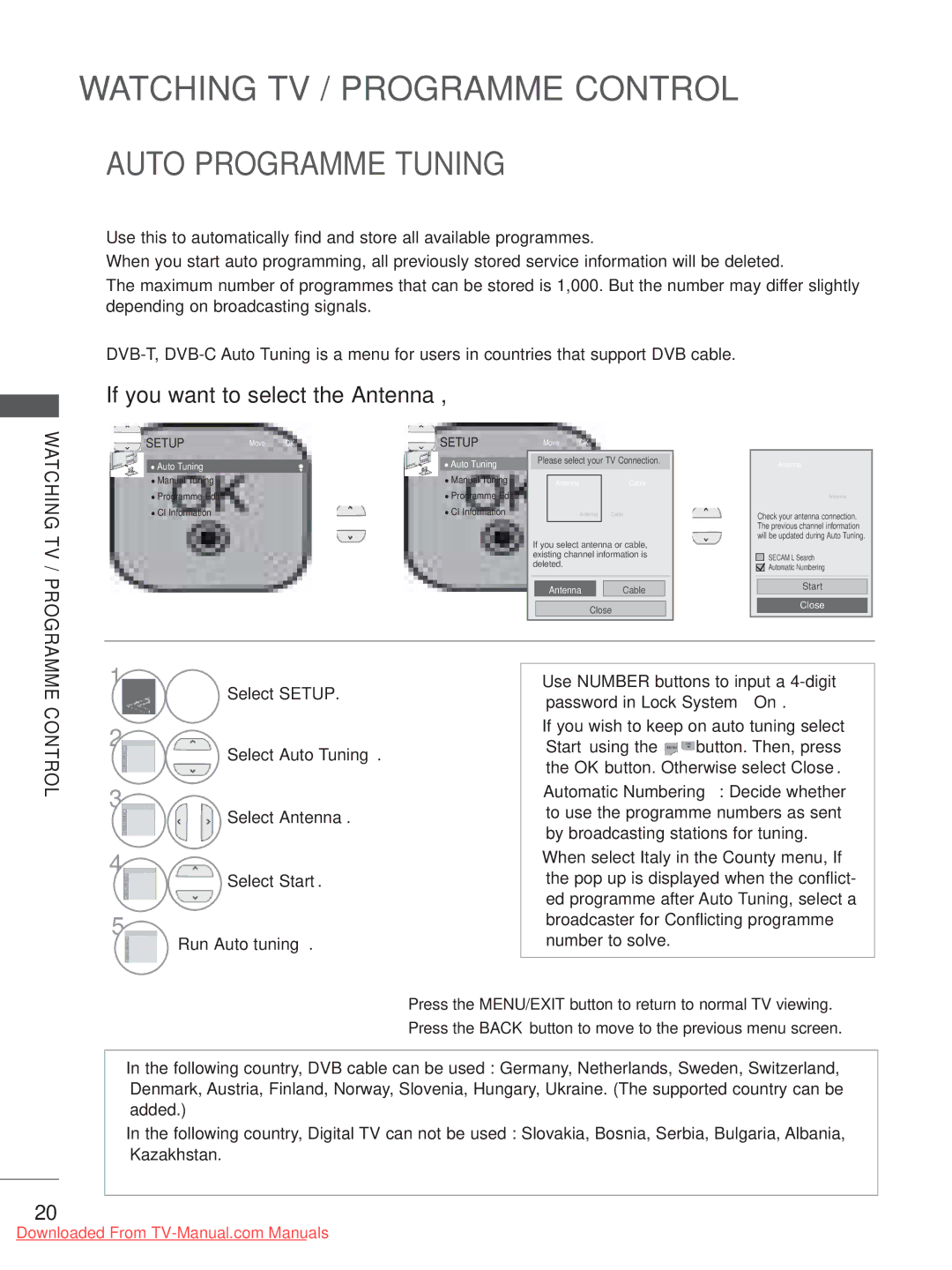 LG Electronics 37/42/47LD4, 55LE5 Auto Programme Tuning, Select Setup, Select Auto Tuning, Select Antenna Select Start 