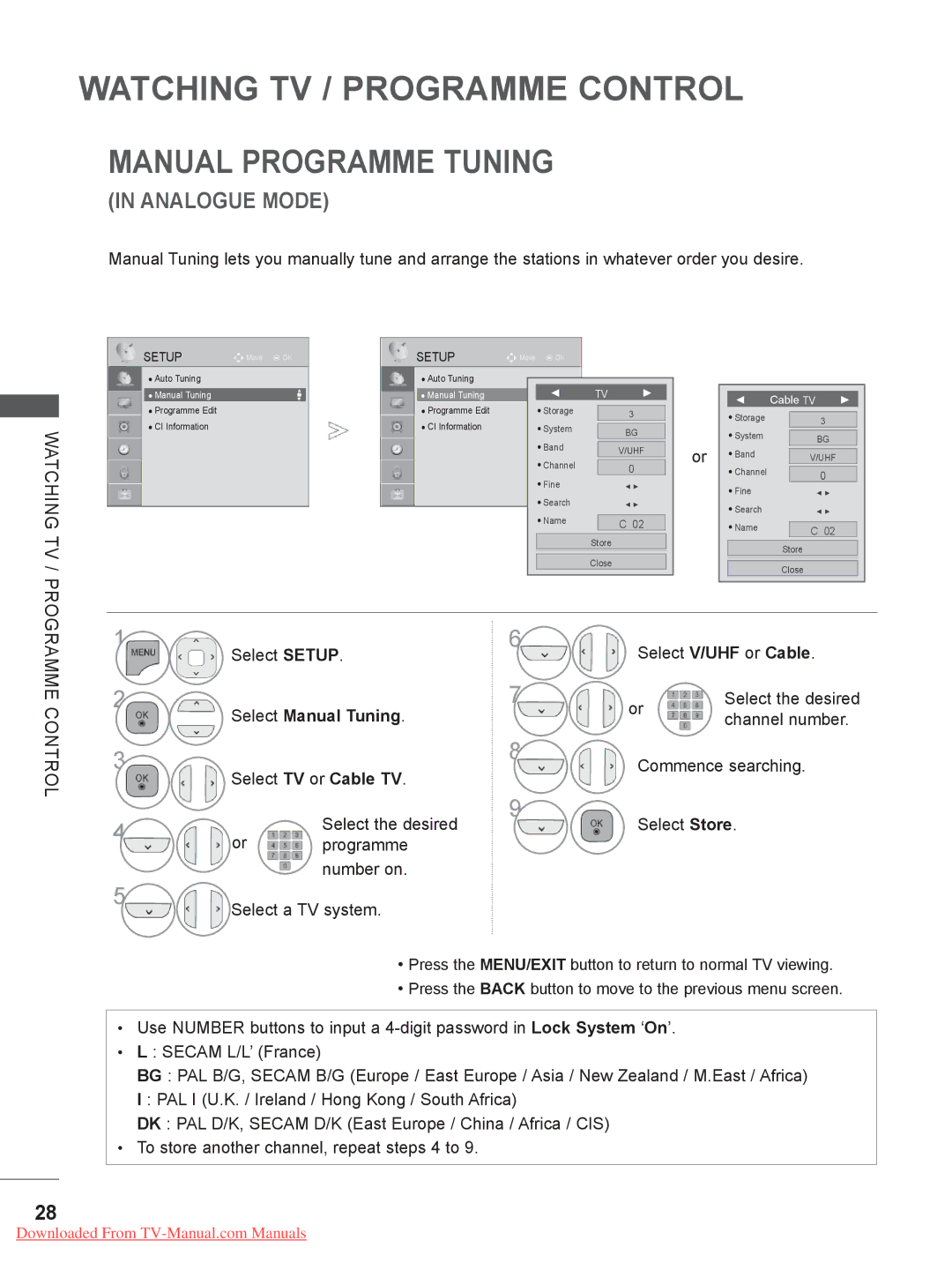 LG Electronics DSW400B, 55LE5, 42/46LD5, 37/42LE4 Select Setup Select V/UHF or Cable, Channel number, Commence searching 