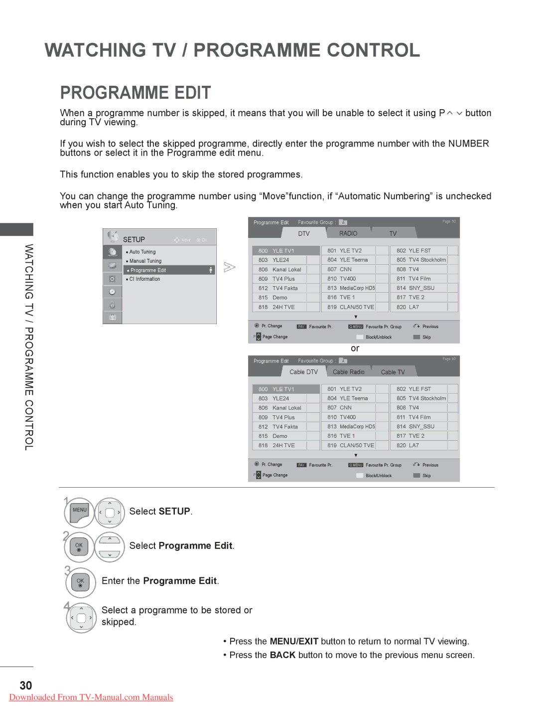 LG Electronics 55LE5, 42/46LD5, 37/42LE4, 37/42/47LD4, 32LE4 Select Programme Edit Enter the Programme Edit, Skipped 