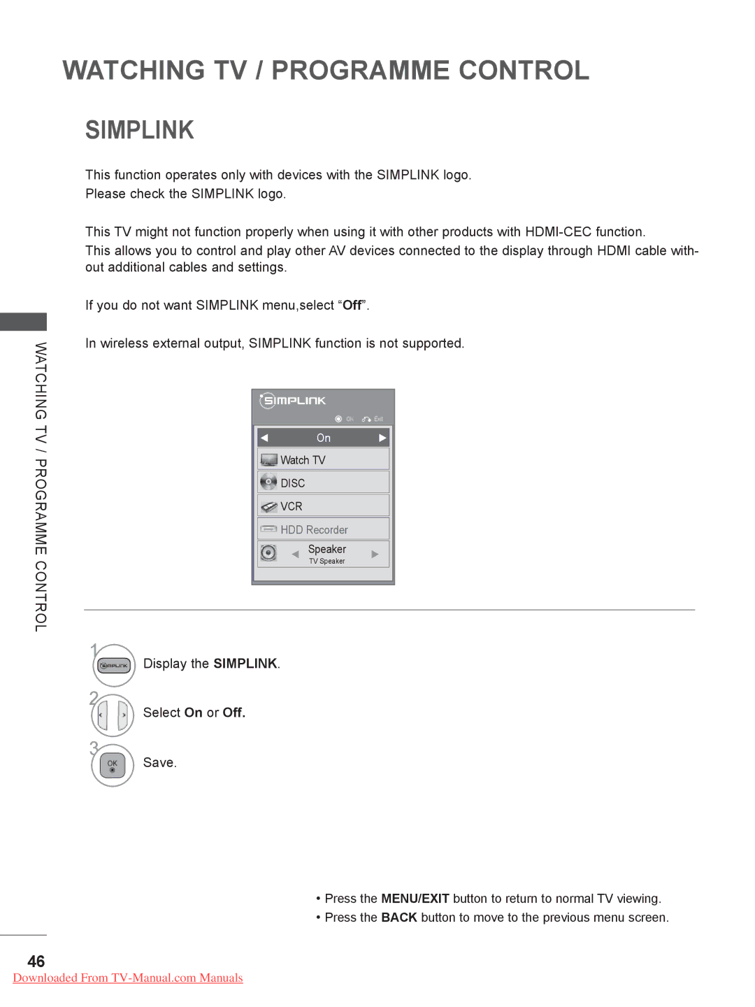 LG Electronics 37/42/47LD4, 55LE5, 42/46LD5, 37/42LE4, 37/42/47LE5, 32LE4, 32LD5 Display the Simplink Select On or Off Save 