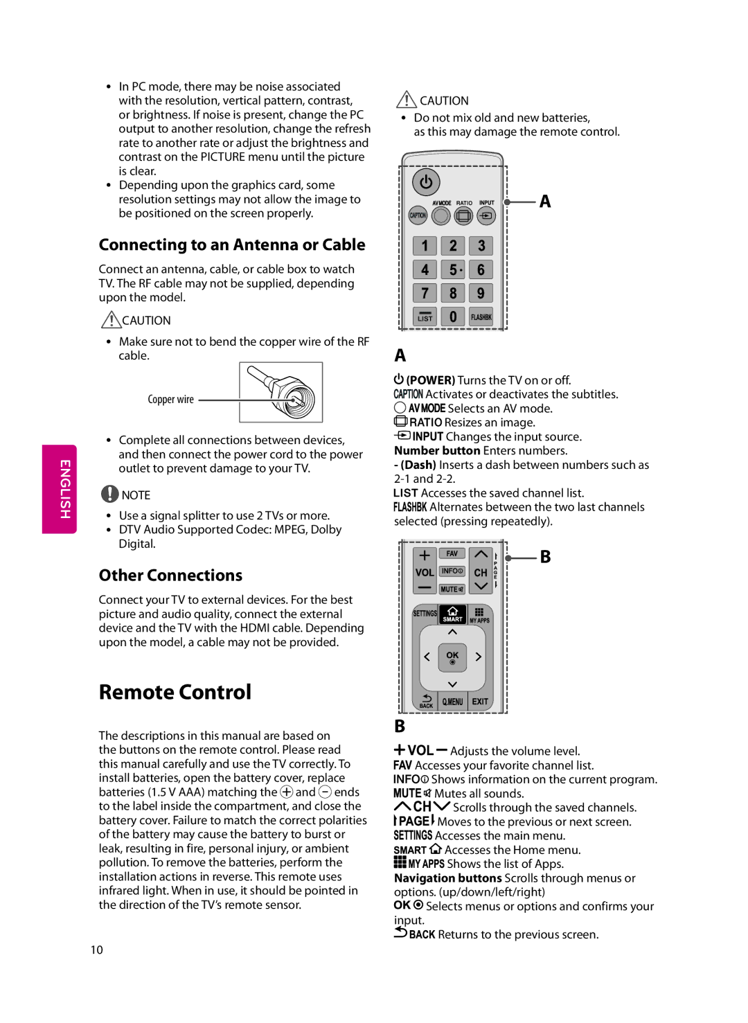 LG Electronics 55LF6100 owner manual Remote Control, Connecting to an Antenna or Cable, Other Connections, Digital 