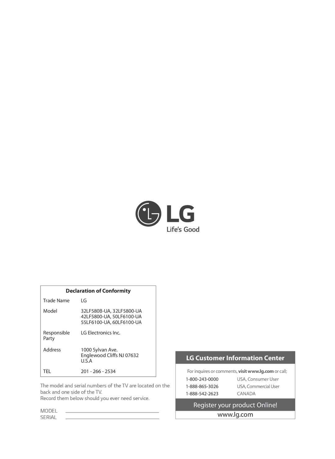 LG Electronics 55LF6100 owner manual LG Customer Information Center 