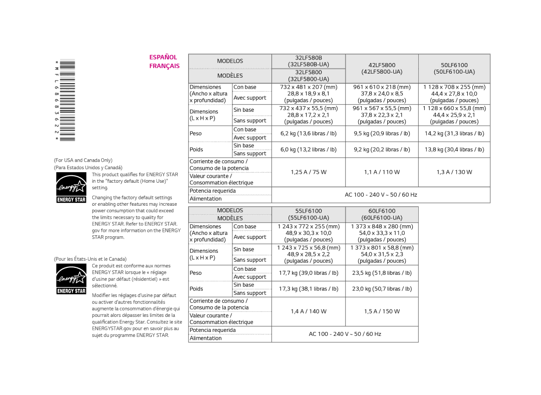 LG Electronics 55LF6100 owner manual Español 