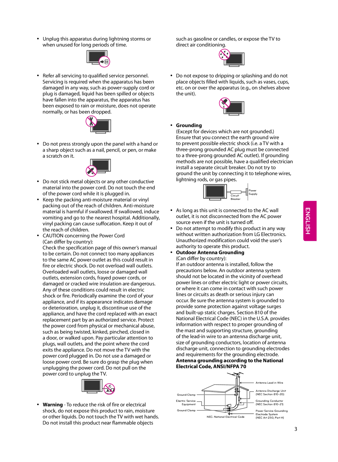 LG Electronics 55LF6100 owner manual Yy Grounding, Yy Outdoor Antenna Grounding 