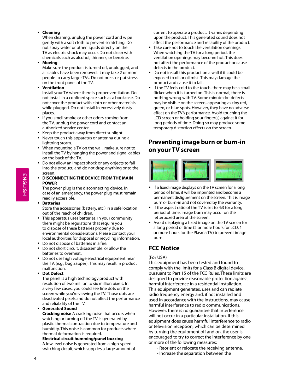 LG Electronics 55LF6100 owner manual Preventing image burn or burn-in on your TV screen, FCC Notice, For USA 