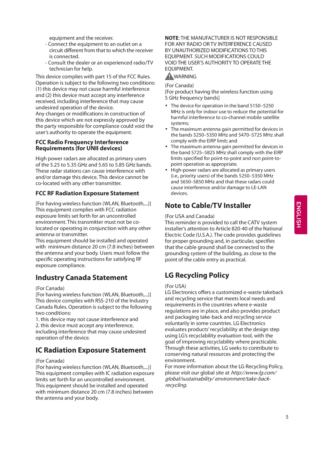 LG Electronics 55LF6100 Industry Canada Statement, IC Radiation Exposure Statement, LG Recycling Policy, For Canada 