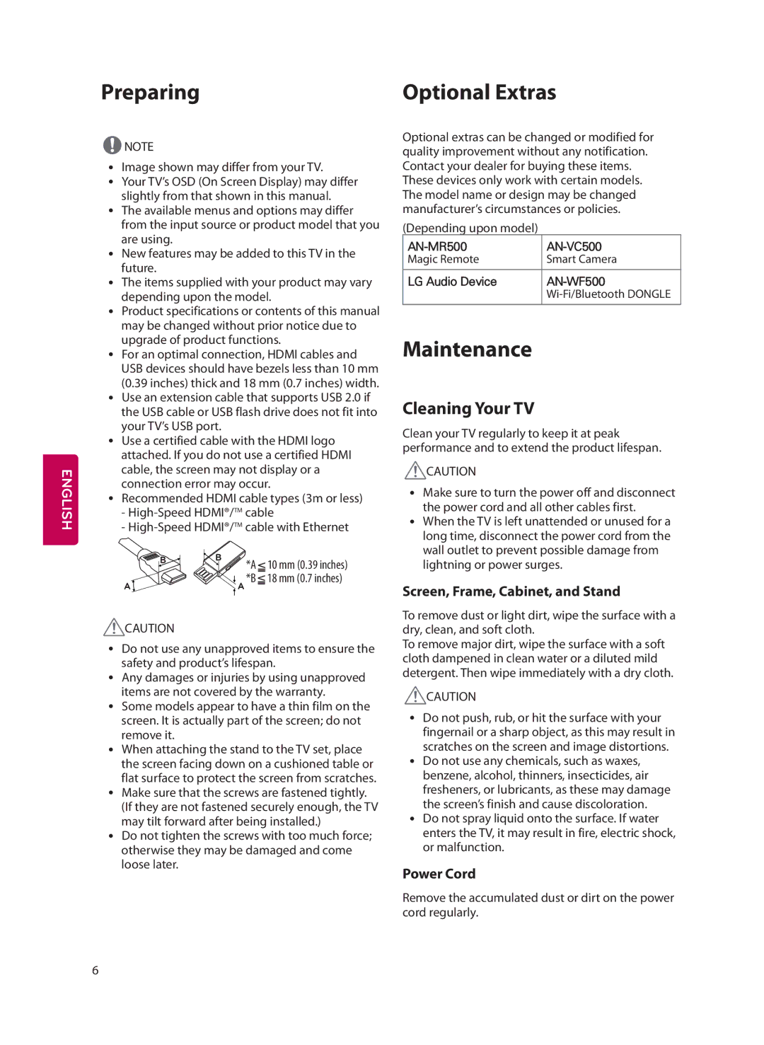 LG Electronics 55LF6100 owner manual Preparing, Maintenance, Optional Extras, Cleaning Your TV 