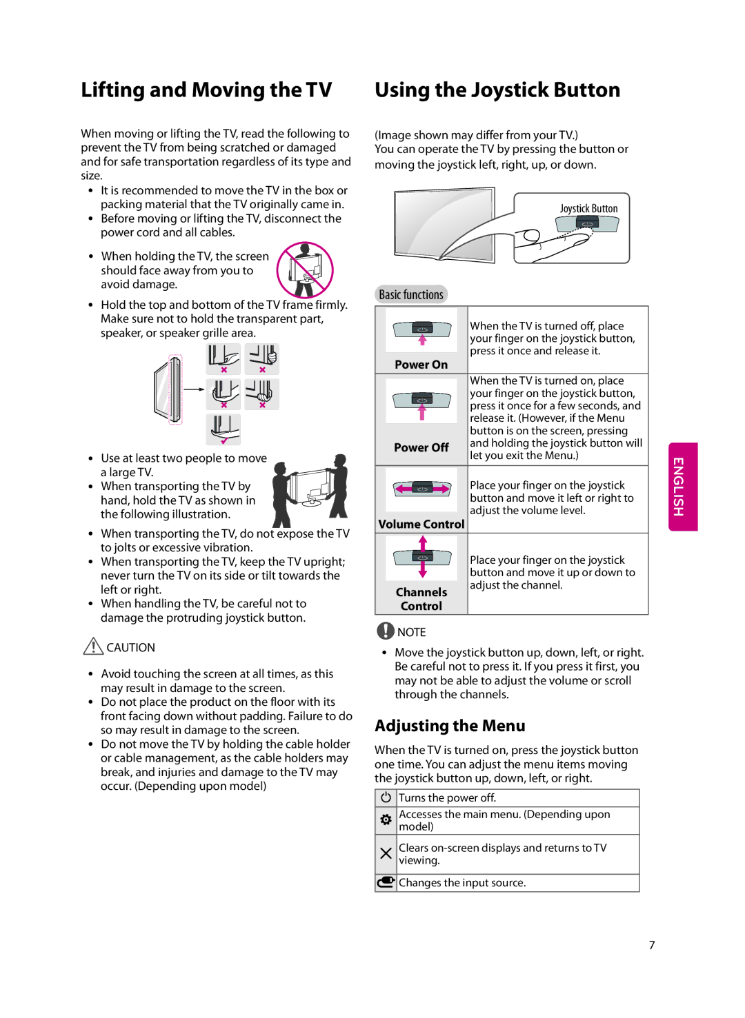 LG Electronics 55LF6100 owner manual Lifting and Moving the TV, Using the Joystick Button, Adjusting the Menu 