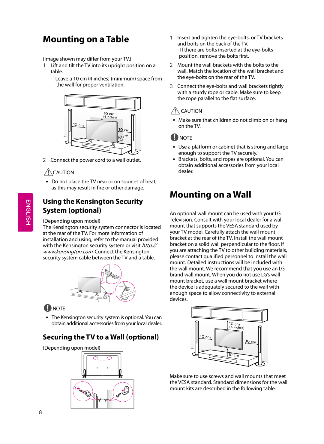 LG Electronics 55LF6100 owner manual Mounting on a Table, Mounting on a Wall, Using the Kensington Security System optional 