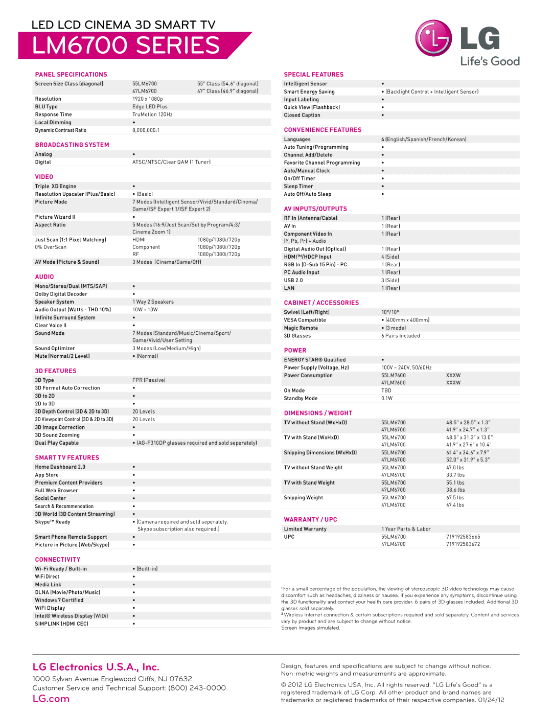 LG Electronics 55LM6700 Panel Specifications, Broadcasting System, Video, Audio, 3D Features, Smart TV Features, Power 