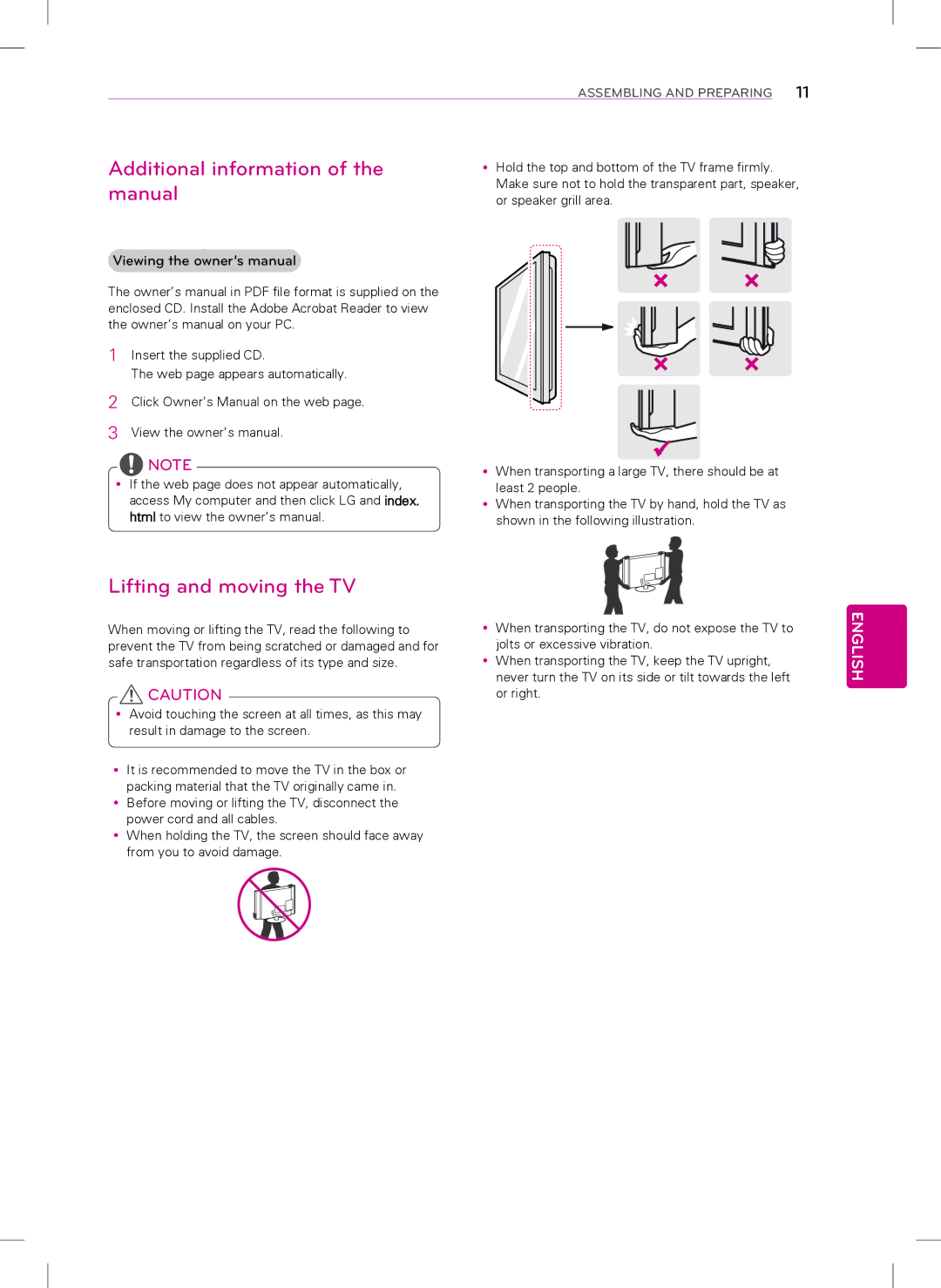 LG Electronics 42LN5400, 55LN5400, 39LN5300, 32LN5300 Additional information of the manual, Lifting and moving the TV 