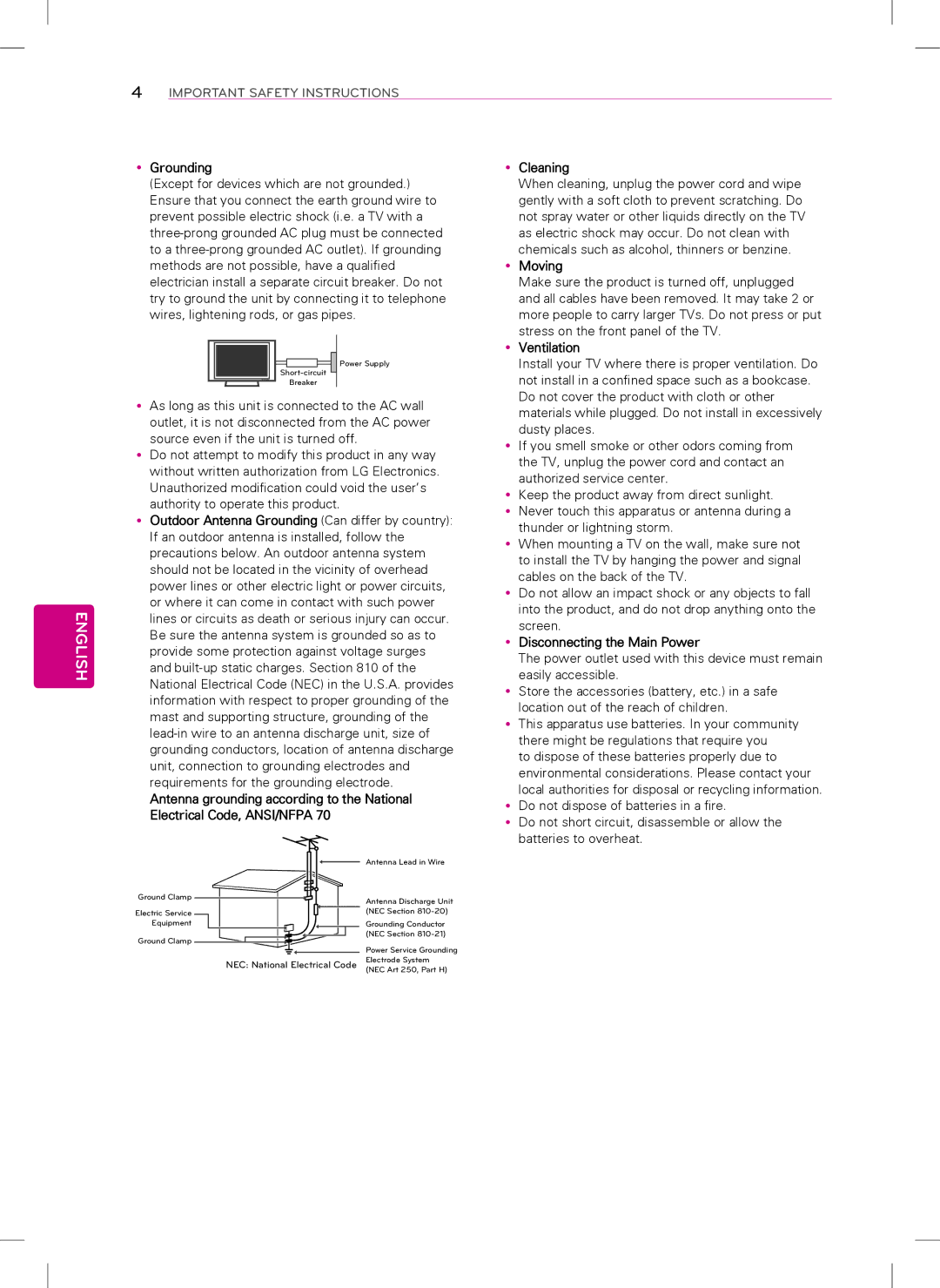 LG Electronics 55LN5400, 39LN5300, 32LN5300, 42LN5400 owner manual YyGrounding 