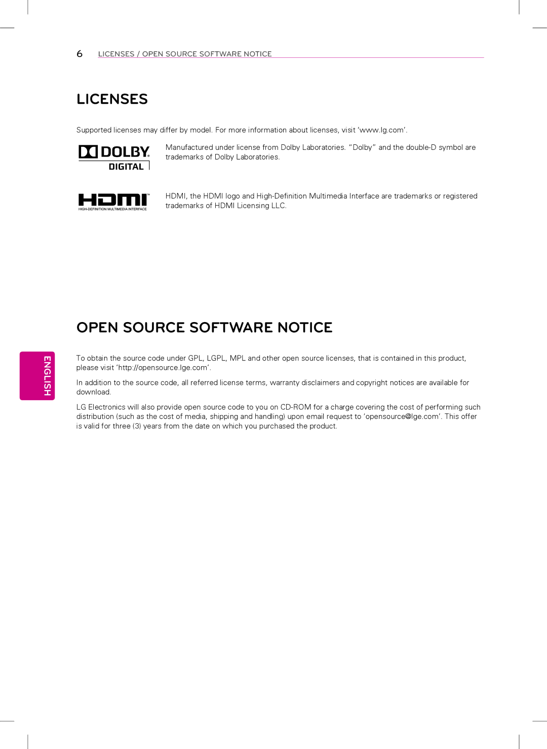 LG Electronics 32LN5300, 55LN5400, 39LN5300, 42LN5400 owner manual Licenses, Open Source Software Notice 