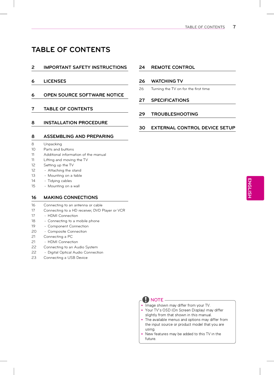 LG Electronics 42LN5400, 55LN5400, 39LN5300, 32LN5300 owner manual Table of Contents 