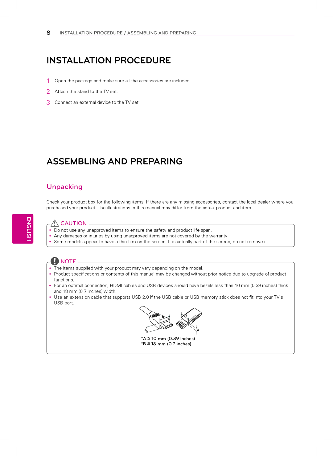 LG Electronics 55LN5400, 39LN5300, 32LN5300, 42LN5400 owner manual Assembling and Preparing, Unpacking 