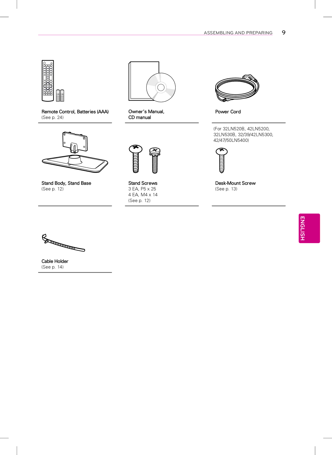 LG Electronics 39LN5300, 55LN5400, 32LN5300, 42LN5400 owner manual Remote Control, Batteries AAA Power Cord 