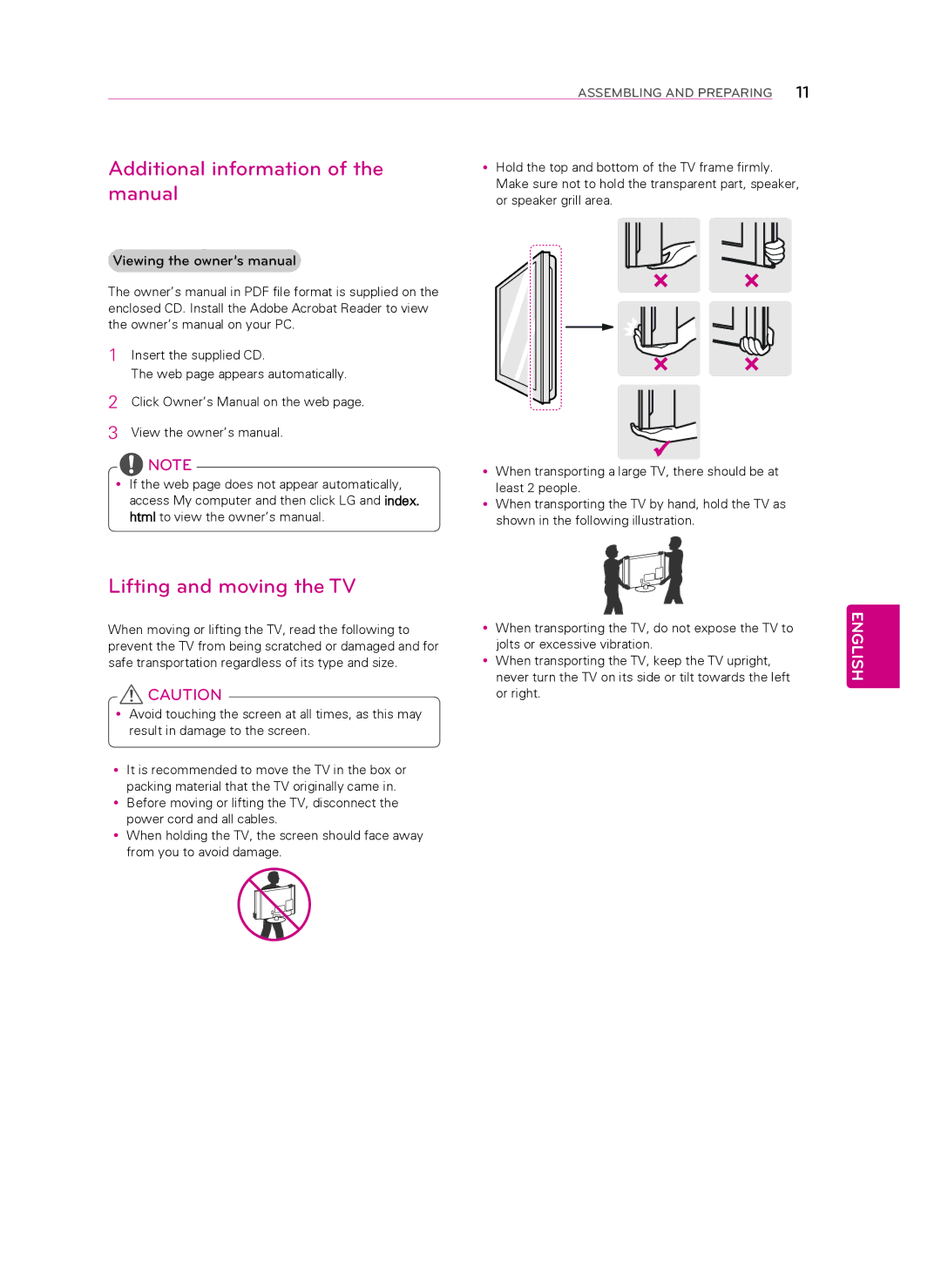 LG Electronics 50LN5400, 55LN5400, 47LN5400, 42LN5300 Additional information of the manual, Lifting and moving the TV 